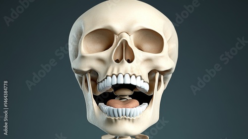 Realistic human skull model with open mouth and detailed teeth photo