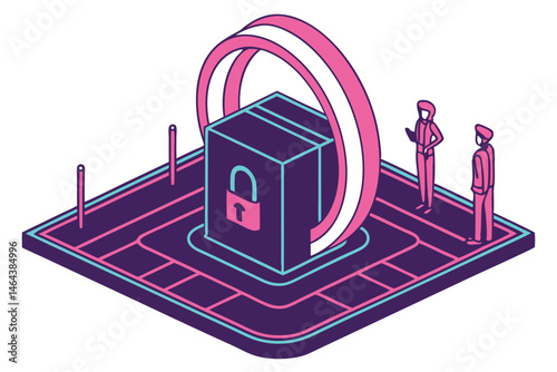 73 Neon padlock, glowing lock icon, cybersecurity concept, circular neon arches, futuristic display platform, dark reflective floor, pink and blue neon lights, 3D rendering, digital art, high contrast