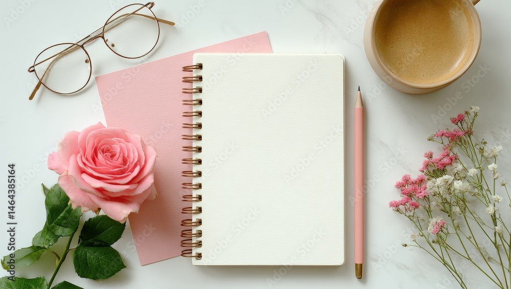 A spiral notebook, pink rose, pencil, glasses, coffee, and flowers are neatly arranged on a white table, creating a calm and creative workspace.