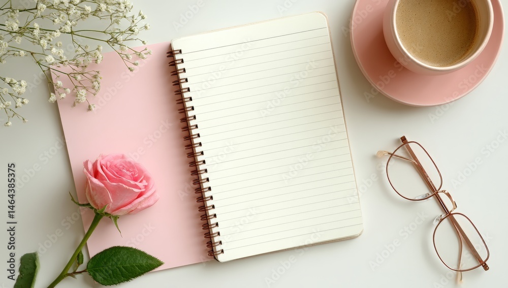 A spiral notebook, pink rose, eyeglasses, and a cup of coffee on a pastel background create a calm and inviting workspace.