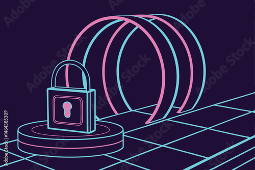 73 Neon padlock, glowing lock icon, cybersecurity concept, circular neon arches, futuristic display platform, dark reflective floor, pink and blue neon lights, 3D rendering, digital art, high contrast