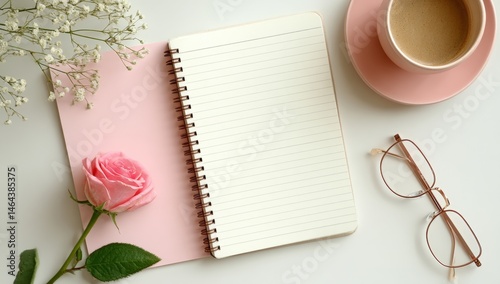 Obraz na płótnie A spiral notebook, pink rose, eyeglasses, and a cup of coffee on a pastel background create a calm and inviting workspace. w salonie