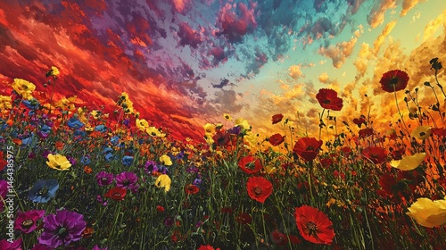 Vibrant colorful field of flowers under a dramatic sunset sky.
