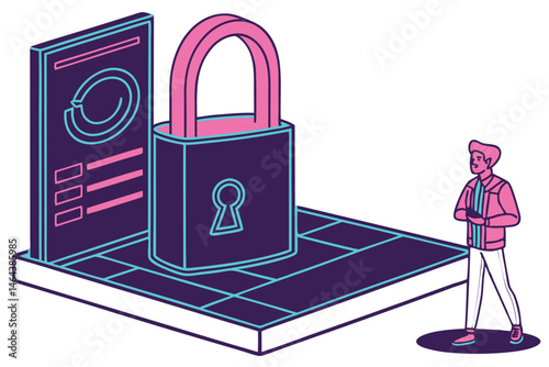 73 Neon padlock, glowing lock icon, cybersecurity concept, circular neon arches, futuristic display platform, dark reflective floor, pink and blue neon lights, 3D rendering, digital art, high contrast