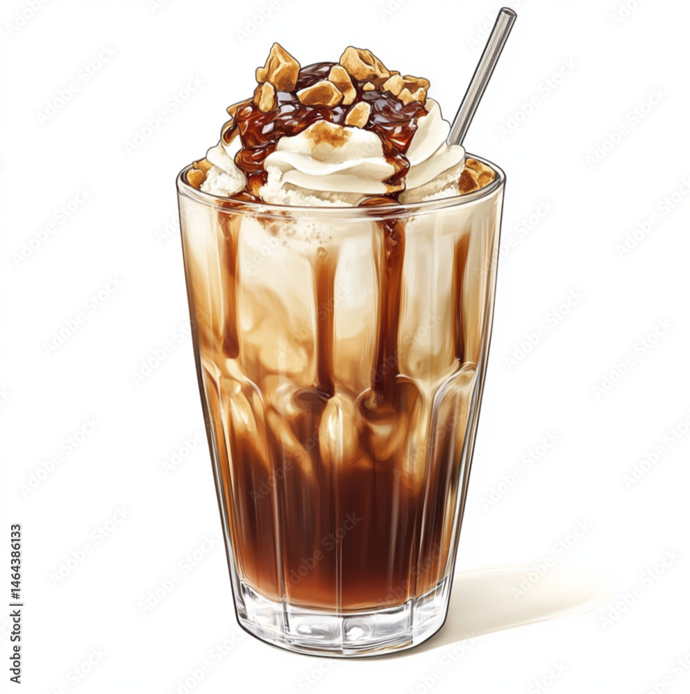 glass of coffee with soft ice cream coffee in a transparent glass cup, topped with whipped cream and dripping caramel sauce, studio lighting, white background