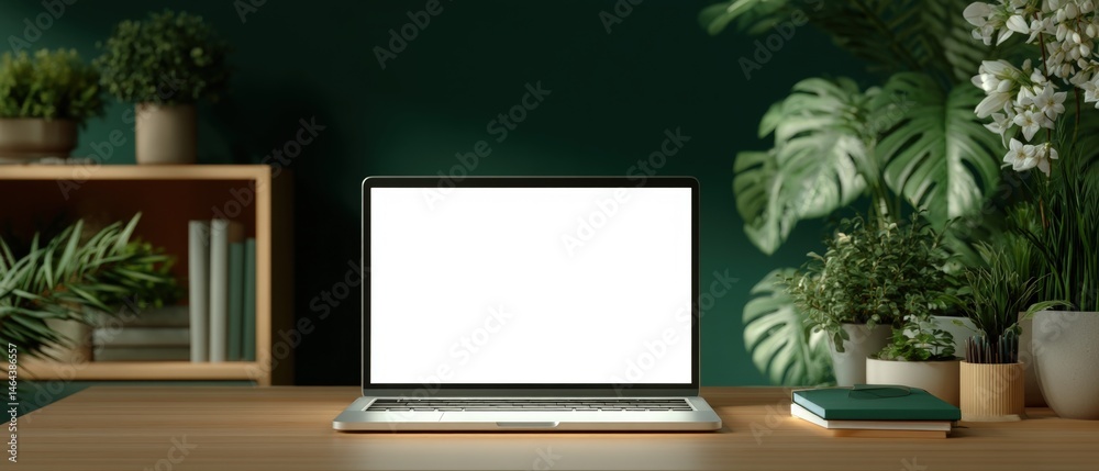 A modern workspace with a laptop, plants, and books on a wooden desk, set against a dark green background.