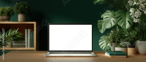 Obraz na płótnie A modern workspace with a laptop, plants, and books on a wooden desk, set against a dark green background. w salonie