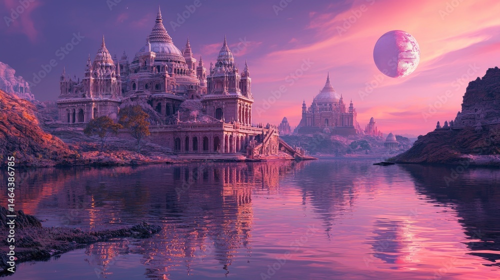 Fototapeta premium A serene, fantasy cityscape reflected in a tranquil lake.