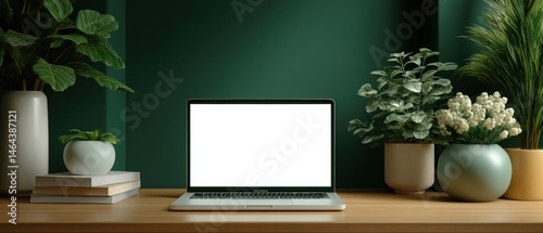 A modern workspace with a laptop, books, and potted plants on a wooden desk against a dark green wall.