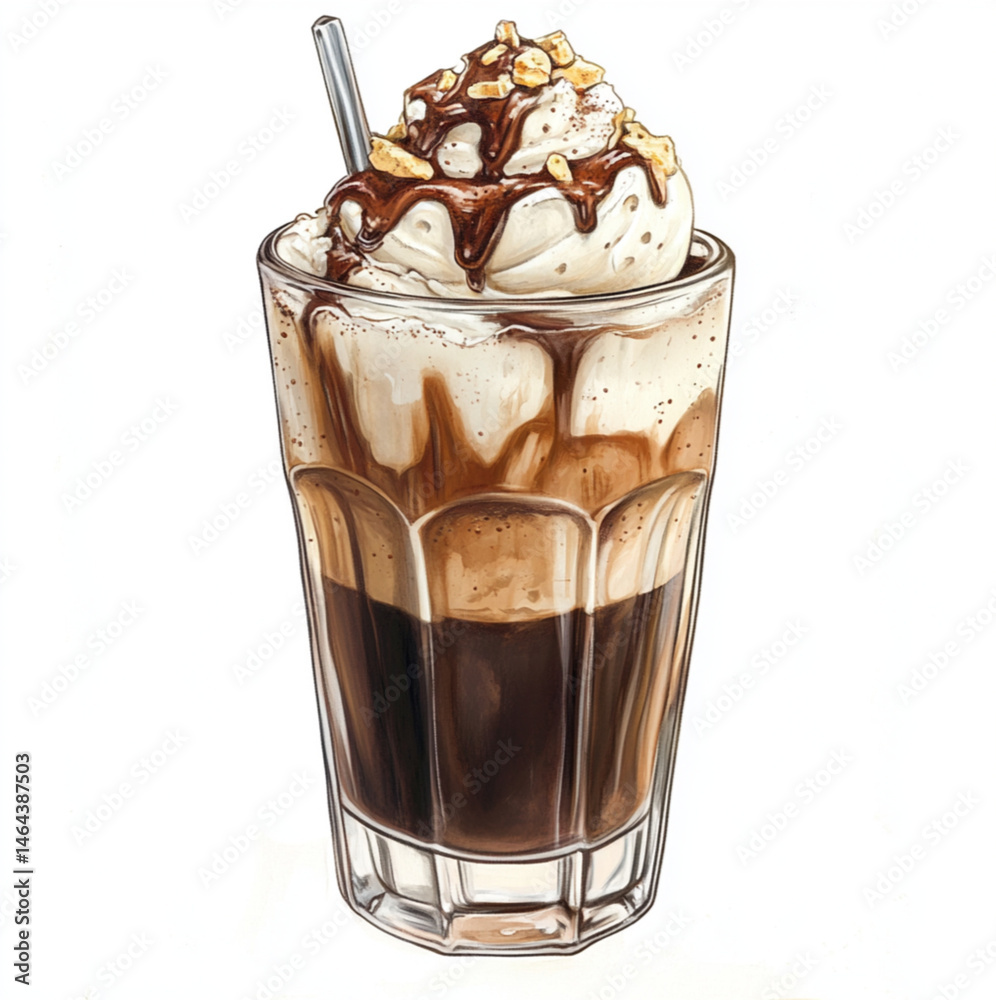 glass of coffee with soft ice cream coffee in a transparent glass cup, topped with whipped cream and dripping caramel sauce, studio lighting, white background