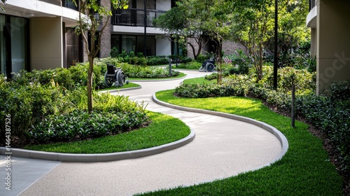 A winding accessible pathway meanders through a lush garden, providing a serene and wheelchair-friendly environment for residents of an assisted living facility.