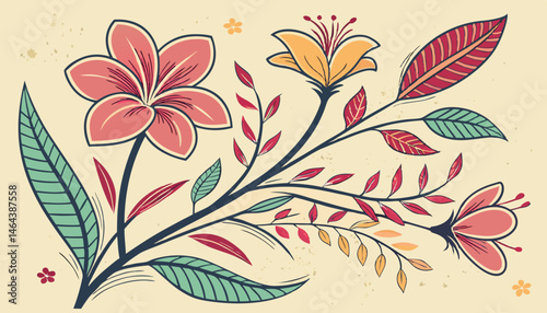 .vibrant, hand-painted batik floral pattern on a grungy, textured background, with organic, imperfect shapes and bold, expressive brushstrokes, reminiscent of artisanal textiles, perfect for adding a 