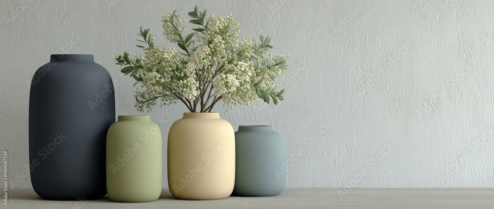 Minimalist ceramic vases in soft colors with delicate white flowers create a serene, modern decor arrangement on a neutral background.