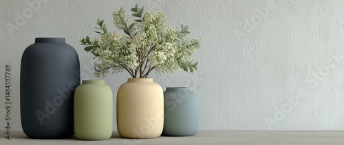 Obraz na płótnie Minimalist ceramic vases in soft colors with delicate white flowers create a serene, modern decor arrangement on a neutral background. w salonie