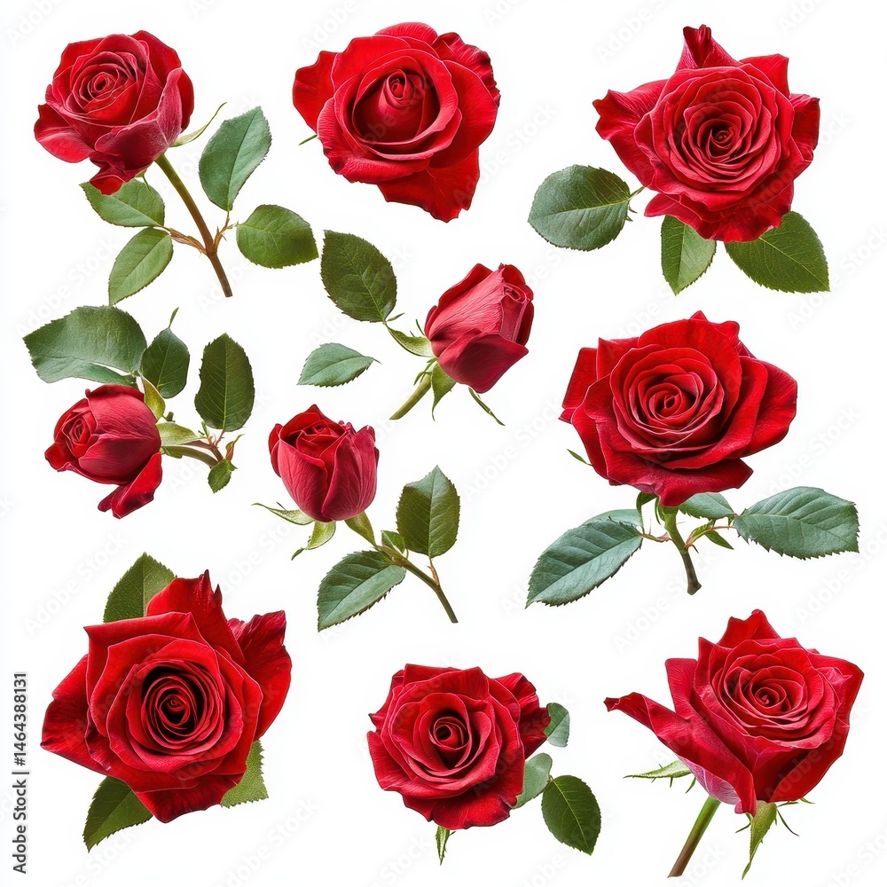 Fototapeta premium Beautiful Collection of Red Roses in Various Arrangements with Vibrant Green Leaves Isolated on White Background for Floral Design and Decorations