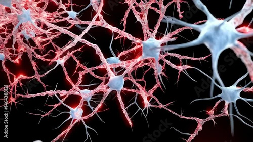 Abstract neuron cells with glowing red points representing inflammation and communication network on dark background, medical concept