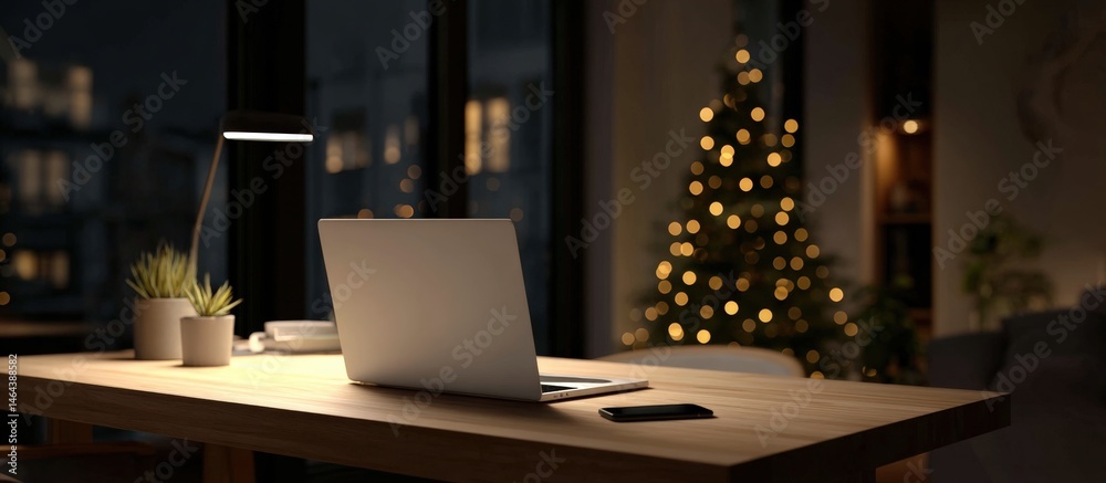 A modern, cozy workspace with a laptop, lamp, and plant on a wooden desk, with a blurred Christmas tree glowing in the background.