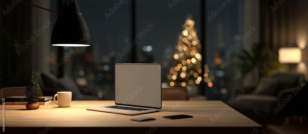 A cozy home office setup at night with a laptop, coffee cup, and Christmas tree, illuminated by warm lighting and festive decor.