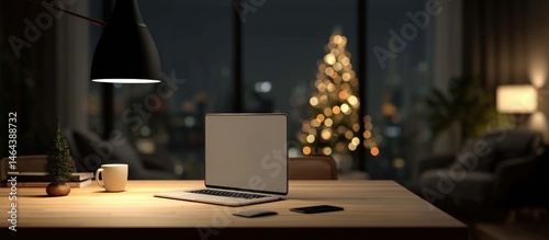 Obraz na płótnie A cozy home office setup at night with a laptop, coffee cup, and Christmas tree, illuminated by warm lighting and festive decor. w salonie