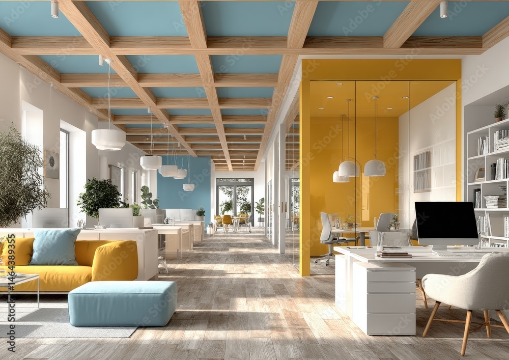 A modern, open-plan office space with bright colors, stylish furniture, large windows, and collaborative work areas.