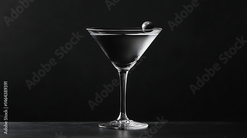 Elegant martini glass with olive, dramatic black backdrop.
