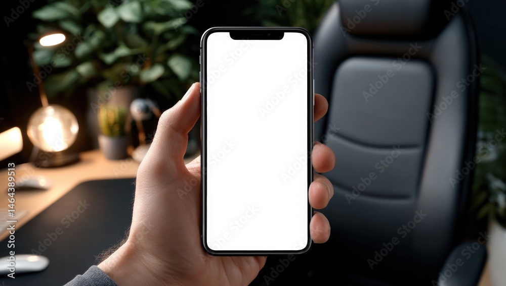 A hand holds a smartphone with a blank white screen in a modern office setting, featuring a chair, desk, lamp, and plants in the background.