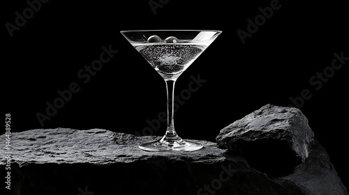 Elegant martini glass with ice on dark stone.
