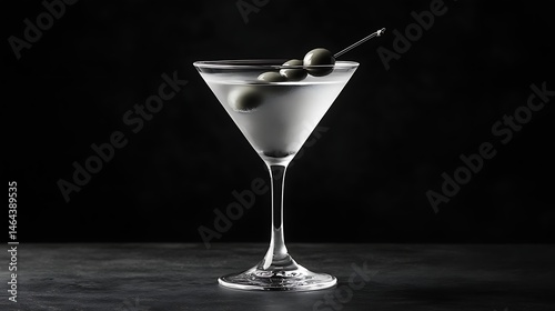 Elegant martini glass garnished with olives on a dark surface.