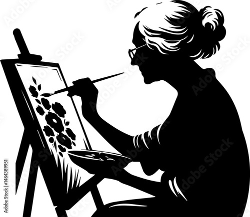 Elderly woman painting flowers on canvas in silhouette style  