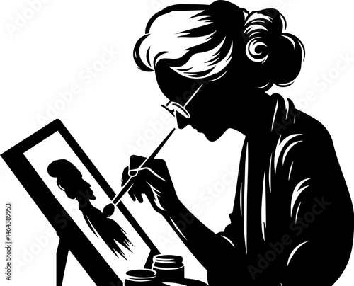 Elderly woman painting flowers on canvas in silhouette style