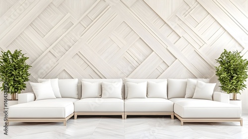 Modern minimalist living room with white sectional sofa, light wood wall paneling, and green plants
