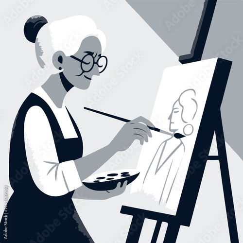Elderly woman painting a portrait in a minimalist style  