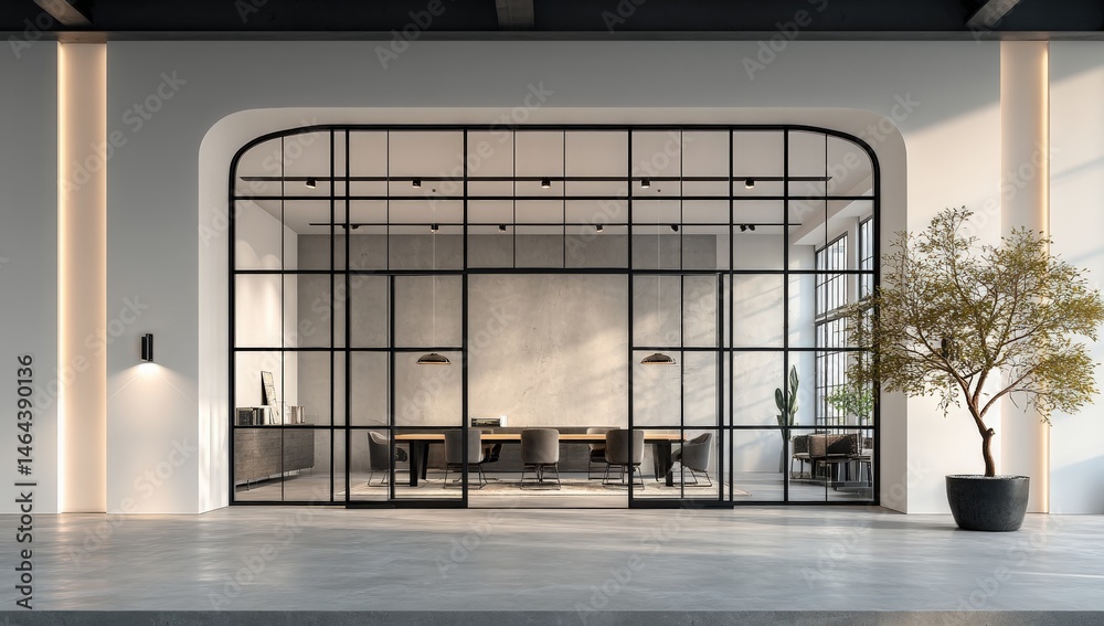 Modern office space with glass walls, minimalist decor, natural light, and stylish furnishings.