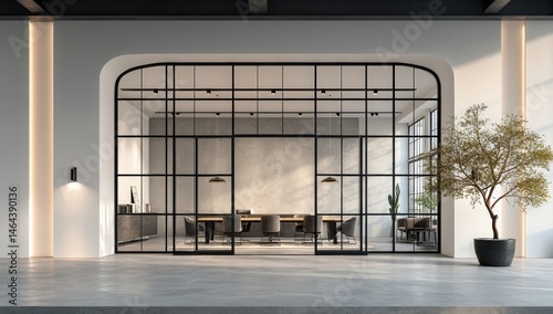 Obraz na płótnie Modern office space with glass walls, minimalist decor, natural light, and stylish furnishings. w salonie