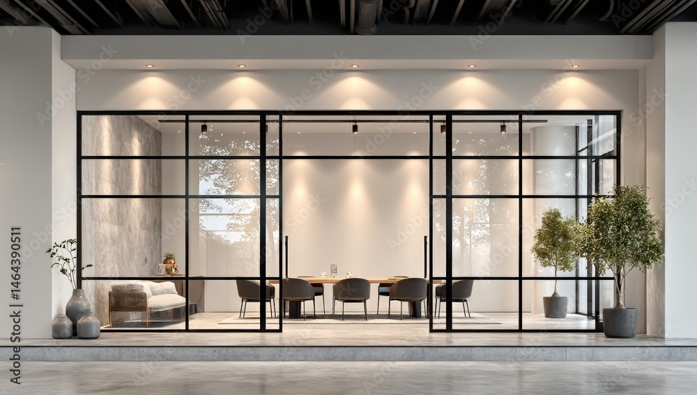 Modern conference room with glass walls, minimalist decor, indoor plants, and stylish lighting in a professional office setting.