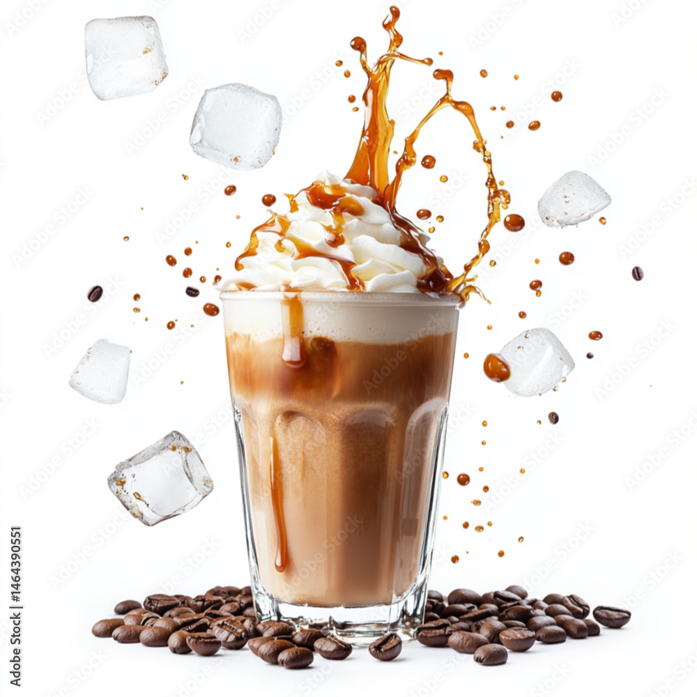 caramel iced coffee in a transparent glass cup, topped with whipped cream and dripping caramel sauce,flying ice cubes and splashing coffee,espresso being poured,isolated on white background