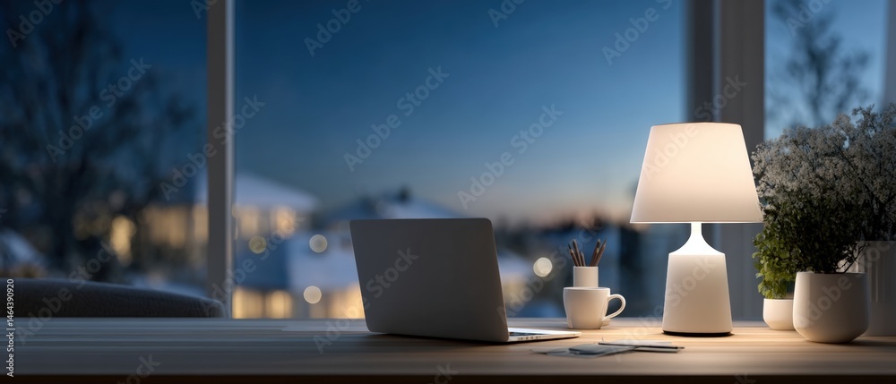 Cozy workspace with a laptop, lamp, and coffee cup by a window overlooking a snowy evening scene.