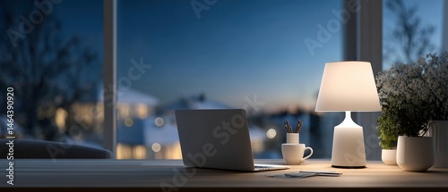 Cozy workspace with a laptop, lamp, and coffee cup by a window overlooking a snowy evening scene.