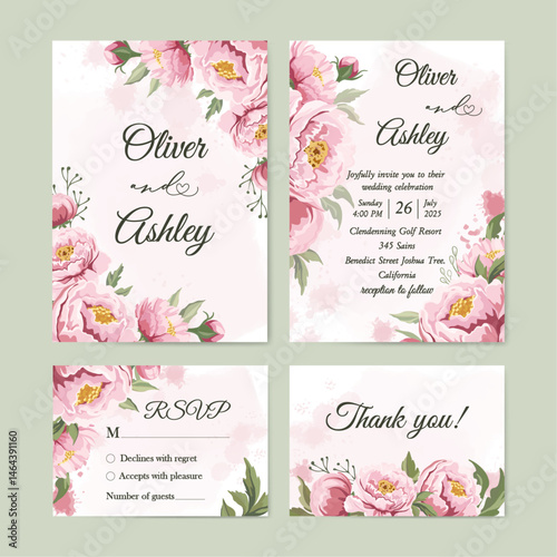Pink peonies elegant wedding invitation set template Floral design cards RSVP
