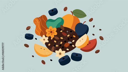 A homemade trail mix with dried fruits nuts and dark chocolate chunks offering a mix of nutrients and antioxidants for sustained energy during long. Vector illustration