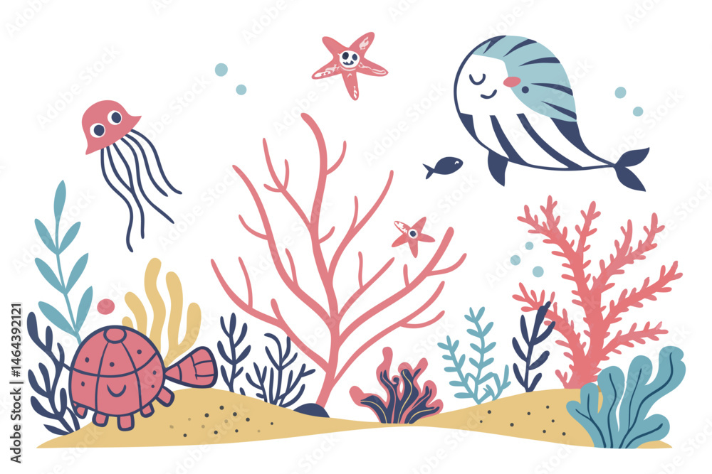 Naklejka premium 76 Colorful coral reef illustrations, vibrant sea life icons, underwater ecosystem elements, cartoon ocean plants, diverse marine vegetation, whimsical aquatic flora, stylized seaweed and algae, tropi