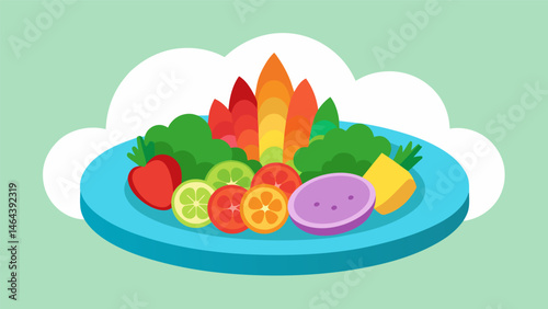 A mini veggie garden on a kids snack plate with a rainbow of sliced vegetables arranged in a playful and appetizing way.. Vector illustration