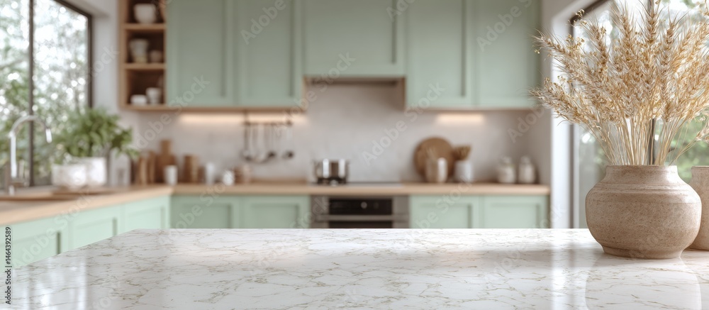 Modern kitchen with mint green cabinets, marble countertop, and a vase of dried wheat, filled with natural light from large windows.