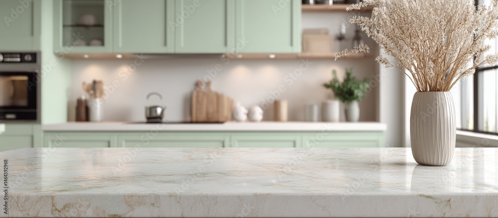 Modern kitchen with mint-green cabinets, marble countertop, and a vase with dried flowers in natural light.