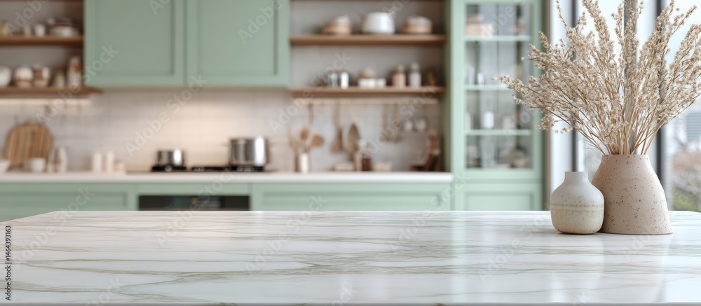 Modern kitchen with green cabinets, marble countertop, and decorative vases with dried flowers, creating a cozy and stylish atmosphere.