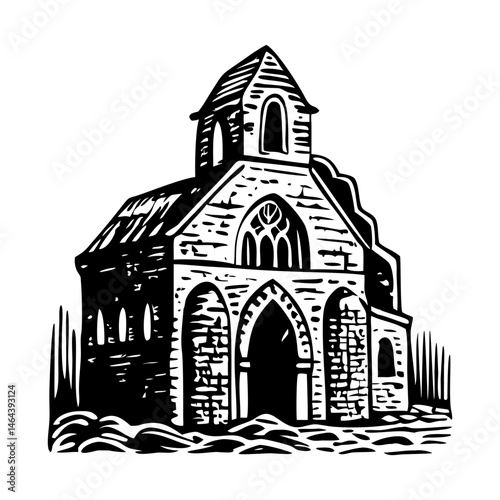A vintage style illustration depicting a stone church