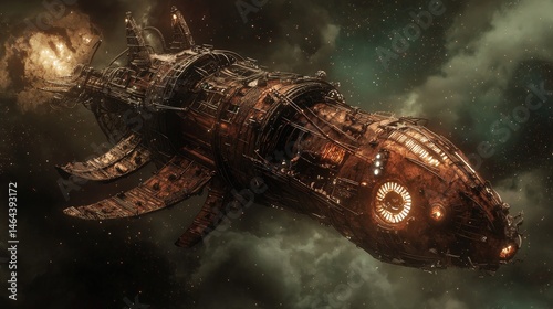 Fototapeta Naklejka Na Ścianę i Meble -  Large,  steampunk  spaceship  in  deep  space.