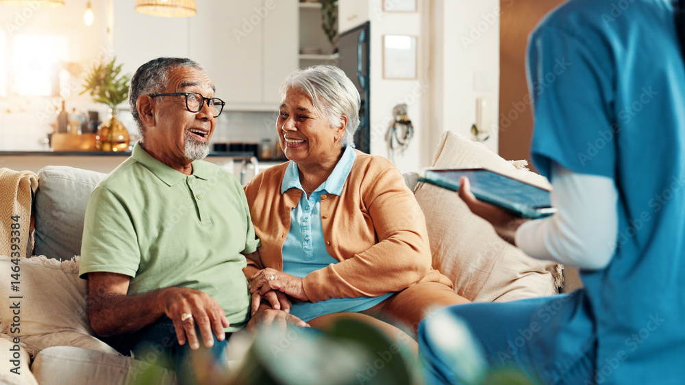 Fototapeta premium Nurse, senior couple and tablet in retirement for report with medical results, feedback or happy for good news. Caregiver, elderly man and woman with digital touchscreen, app or consultation in home