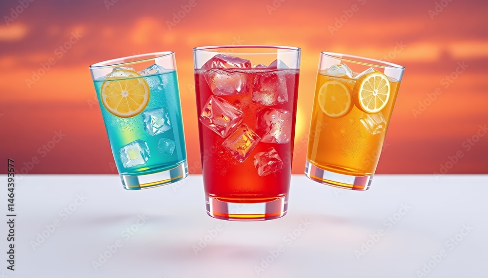 Obraz premium Refreshing Drinks with Ice and Citrus Fruits Against a Warm Sunset Background Colorful Cocktails in Clear Glasses