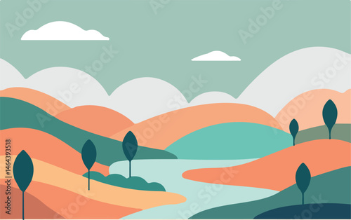 Scenic Hills and Valleys Spring Background Illustration stock illustration . River, Vector, Illustration, Cloud - Sky, Hill , sea landscape with sea